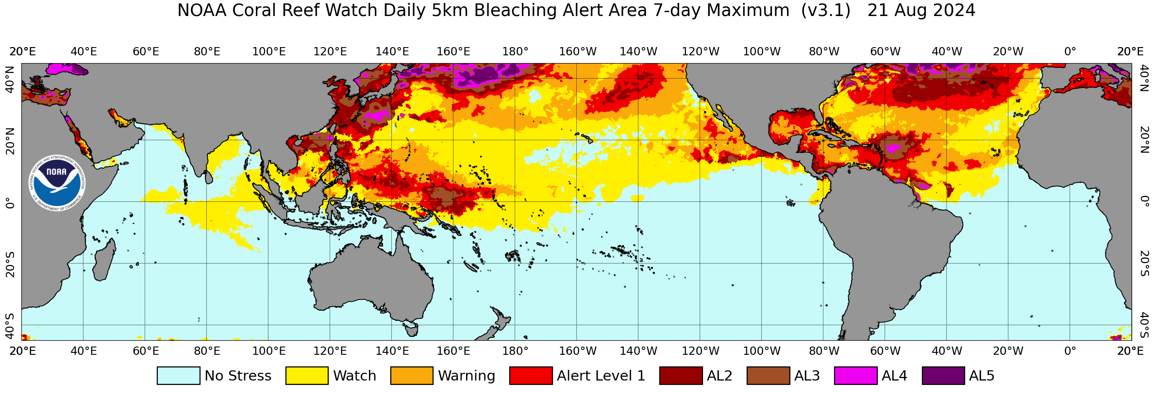 Daily Global 5km Satellite Coral Bleaching Heat Stress Alert Area, 21.8.2024